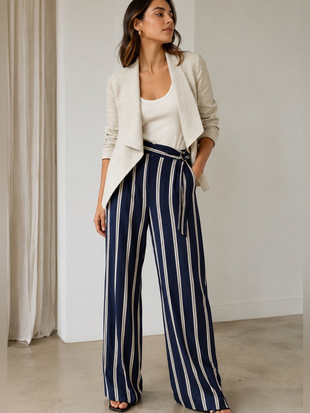 Silk Navy and Cream Vertical Stripe Dress Pants